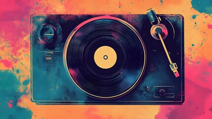 Vintage Turntable with Vinyl Record Abstract Art