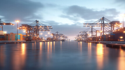 Obraz premium Industrial port scene with modern business network, containers, and cranes