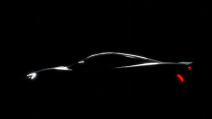 Silhouette of black sports car with headlights on black background, photorealistic 3d illustration render