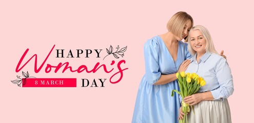 Woman and her mother with bouquet of tulips on pink background. Banner for International Women's Day