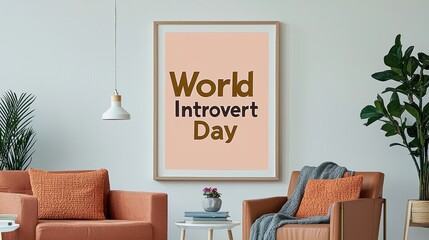 A stylish interior featuring a framed poster promoting World Introvert Day.