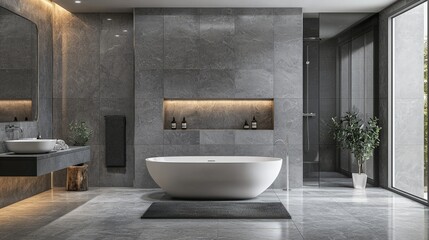 Spacious bathroom in gray tones with heated floors modern interior
