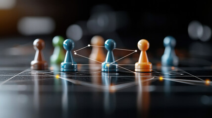 Neon glowing game pieces in blue, green, yellow, and orange create vibrant scene. strategic arrangement evokes excitement and competition