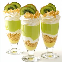 Delicious Layered Dessert with Cream Topping, Granola, Kiwi and Crunchy Layers for Refreshing Treat
