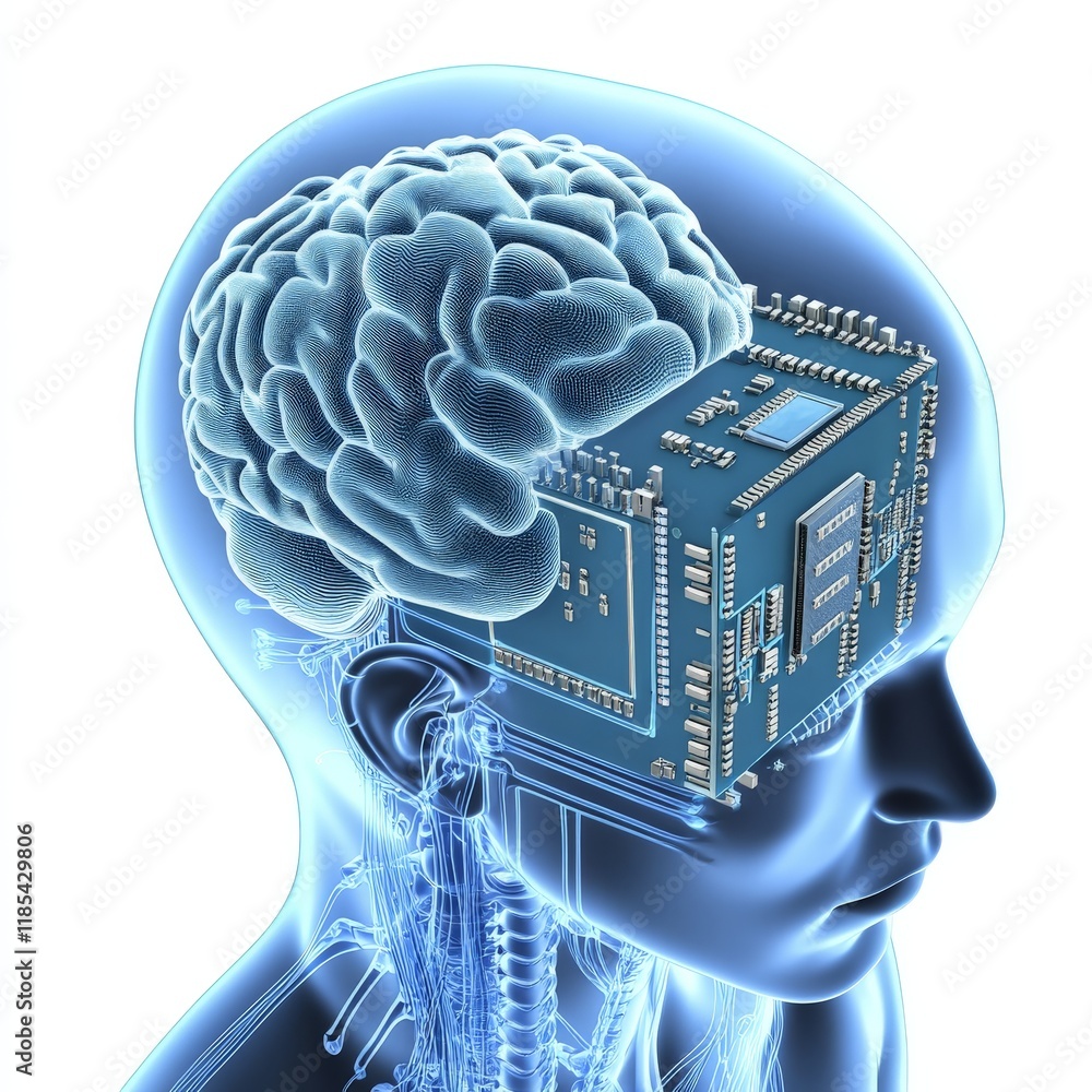 Poster Digital brain floating above a glowing microchip, representing advanced neural networks, artificial intelligence, and the evolution of technology