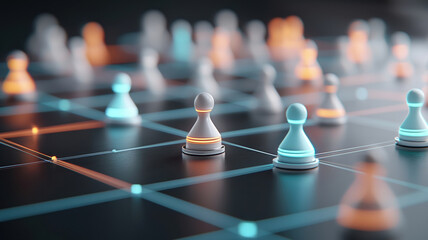 Neon game pieces glowing in blue and green on dark grid, creating vibrant atmosphere