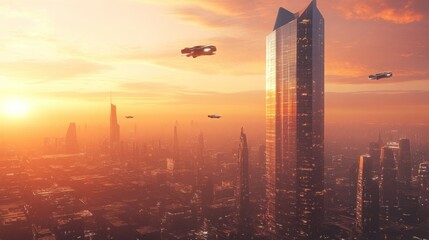 Naklejka premium Futuristic city skyline at sunset with flying vehicles.