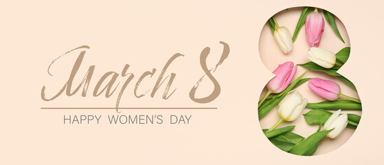 Cut paper in shape of figure 8 with beautiful tulips on beige background. International Women's Day