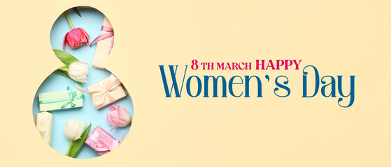 Greeting banner for International Women's Day with tulips, gifts and figure 8