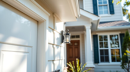 Fototapeta premium Exterior View of White House with Garage Door and Exterior Light