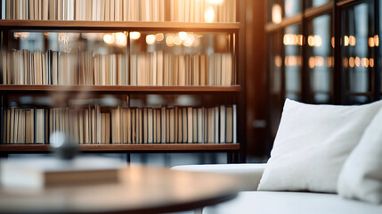 A cozy library corner flooded with the warm glow of sunlight, where books line the shelves, inviting relaxation and quiet reflection.