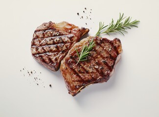 Deliciously Grilled Pork Chops with Fresh Herbs and Spices on a Clean White Background for Culinary Inspiration and Food Photography