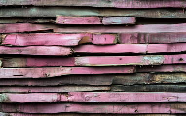 An artistic display of stacked wooden planks in varying shades of pink and brown, showcasing unique textures and patterns, perfect for design inspiration or background use.