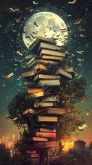 Surreal Book Tree Under the Moon: A Night of Literary Enchantment
