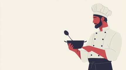 Male chef in a white uniform holds a pot and spoon, cooking a meal.