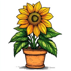 Obraz premium Vibrant Sunflower in Terracotta Pot: A Botanical Illustration of Summer's Golden Bloom