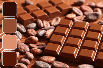 Sweet chocolate with cocoa beans on powder, closeup
