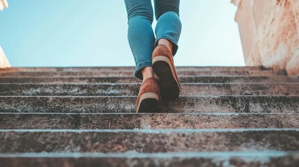 Woman's feet walking up a stone staircase.  Brown shoes, blue jeans, upward journey.