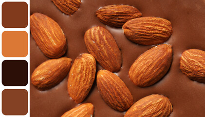 Texture of sweet chocolate with almond nuts as background, closeup