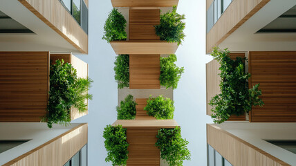 Fototapeta premium Sustainable green building design featuring vertical gardens and wooden accents. This innovative architecture promotes eco friendly living