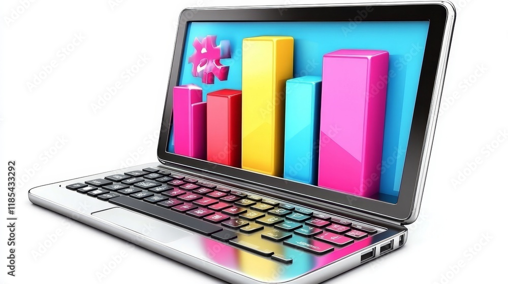 Poster laptop displaying colorful 3d bar graph illustrating data analysis