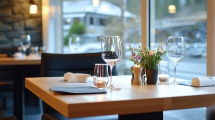 A wooden dining table set for two with romantic candlelight, wine glasses, and floral decor.