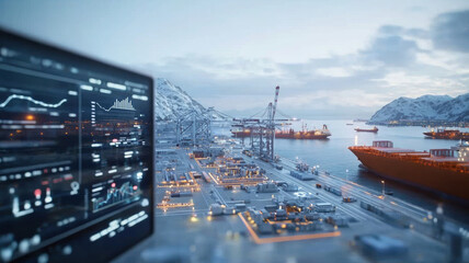 Obraz premium View of large port with connected global network, showcasing shipping containers, cranes, and vessels in scenic landscape