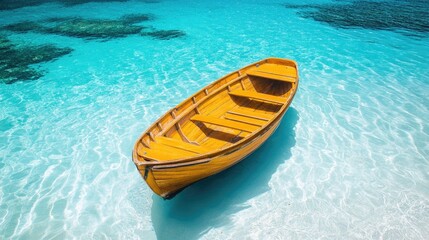 A wooden fishing boat adrift in crystal waters with soft sea ripples.