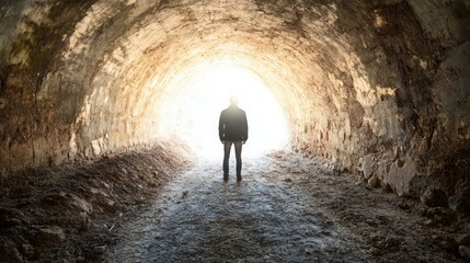 Man standing at the end of a tunnel, light at the end.