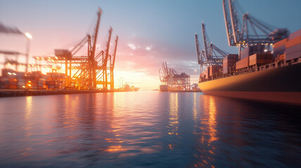 Obraz premium Wide angle view of port at sunset, featuring cranes and containers reflecting on water, creating serene atmosphere