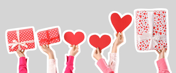 Female hands with hearts and gift boxes on light background. Valentine's Day celebration