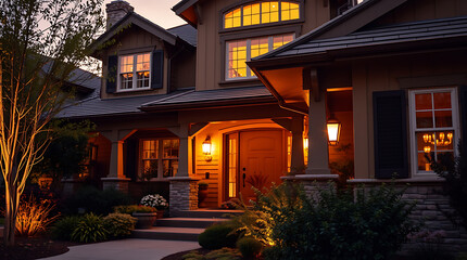 Fototapeta premium Illuminated Two-Story House at Dusk