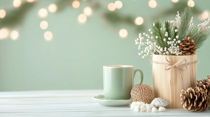 cozy arrangement featuring green cup, wooden planter, and festive decor, perfect for holiday vibes