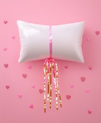 Obraz premium A charming pillow, delicately tied with a pink ribbon, surrounded by whimsical hearts, radiates love and warmth, perfect for Valentine's Day.