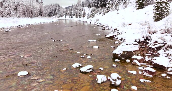 Aerial Drone Snowy Terrain Glacier National Park Montana Winter