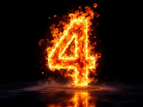 Fiery Number Four: Intense Flaming Digit in Dramatic Dark Setting
