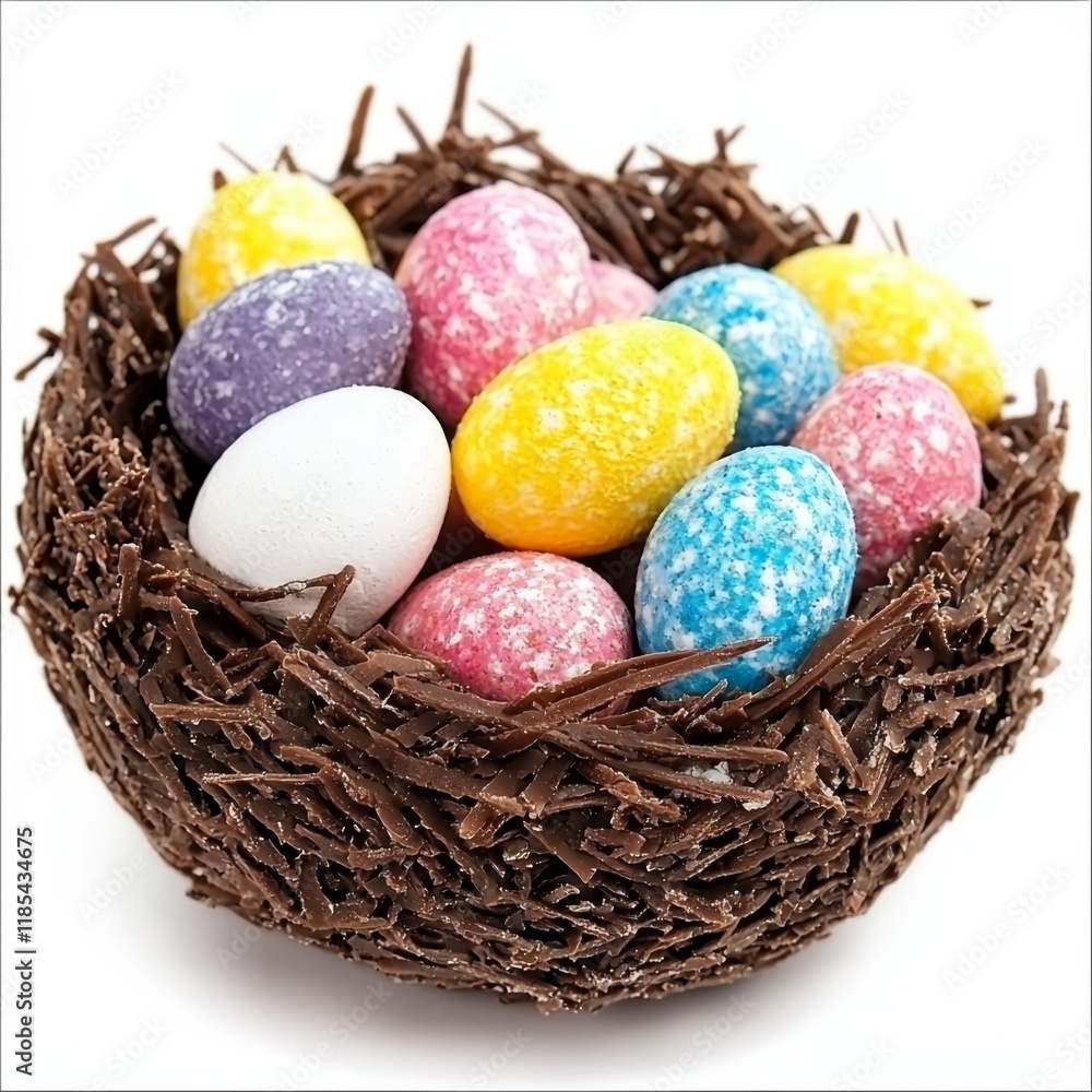 Wall mural Colorful Candy Eggs Nestled in Chocolate Shavings Nest for Spring Celebrations and Easter Festivities