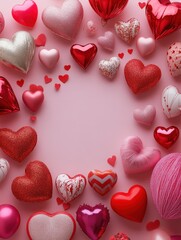 Fototapeta premium A beautiful pink canvas adorned with a variety of vibrant hearts, radiating love and affection, perfect for celebrating Valentine's Day.
