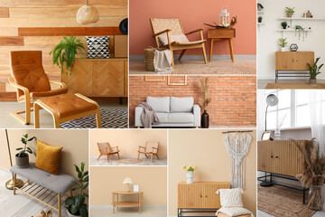 Collage of stylish domestic interiors in trendy colors