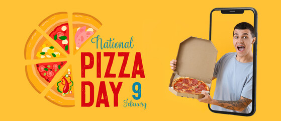 Surprised young man with tasty pepperoni pizza on yellow background