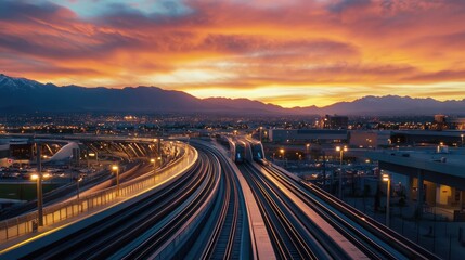 A sky train station illuminated by soft yellow lights in the pre-dawn hours.