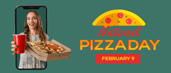 Young woman with tasty pizza and beer on green background