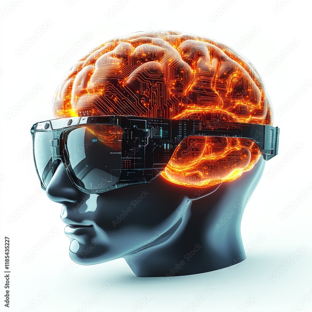 Poster high tech augmented reality headset projecting a glowing, active brain with orange neural energy pat