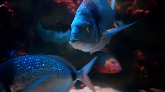 Close up of a Diplodus vulgaris fish swimming near coral reefs