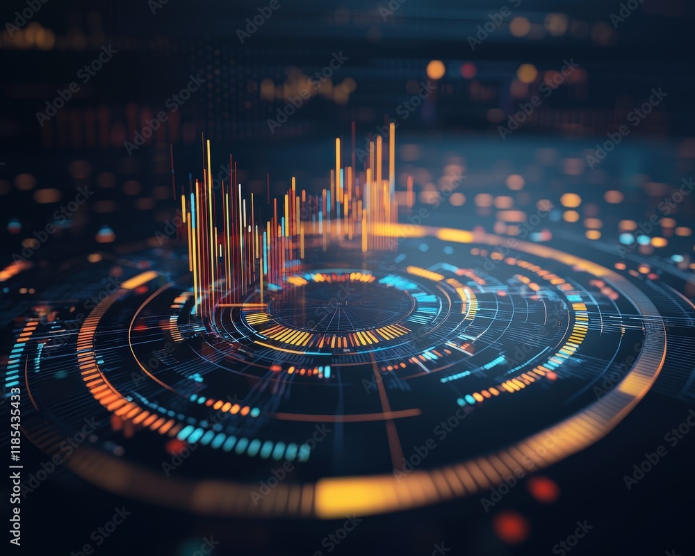 Poster futuristic data visualization with glowing heatmaps and radial charts