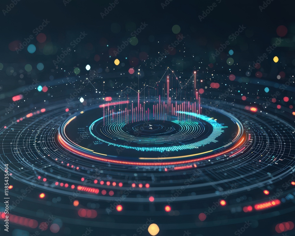 Poster futuristic data visualization with glowing heatmaps and radial charts
