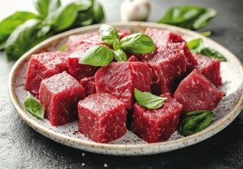 Fresh Cubes of Raw Beef Surrounded by Bright Green Basil Leaves on a Textured Plate Ready for Cooking Delicious Meals in a Modern Kitchen Setting