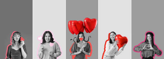 Set of pretty women with decorations for Valentine's Day on grey background