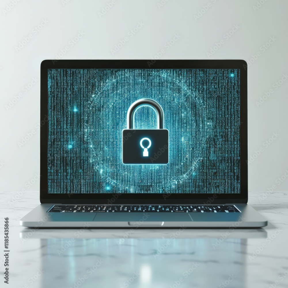Poster minimalistic image of a laptop with binary code background and a central glowing padlock, symbolizin