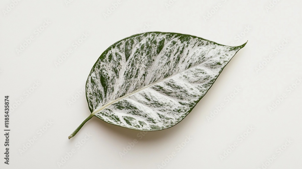 Poster a single leaf with a striking green and white pattern on a plain background.